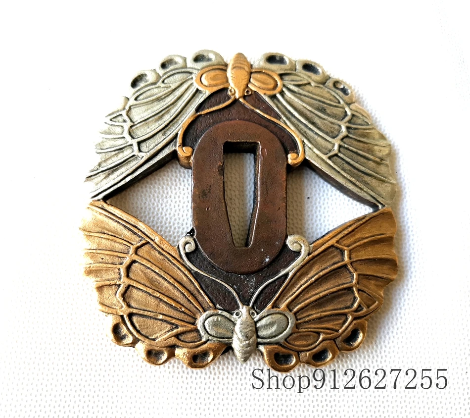 Zlaté zlacené medené motýle Tsuba a fuchi menuki pre japonskú katanu wakizashi tanto