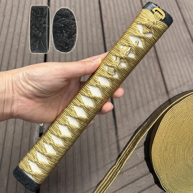 Zlatý hodváb Ito, samurajský meč Tsuka Cord, skutočný, kovový fuchi kashira, drevená rukoväť japonskej katany, príslušenstvo pre meče, 26 cm