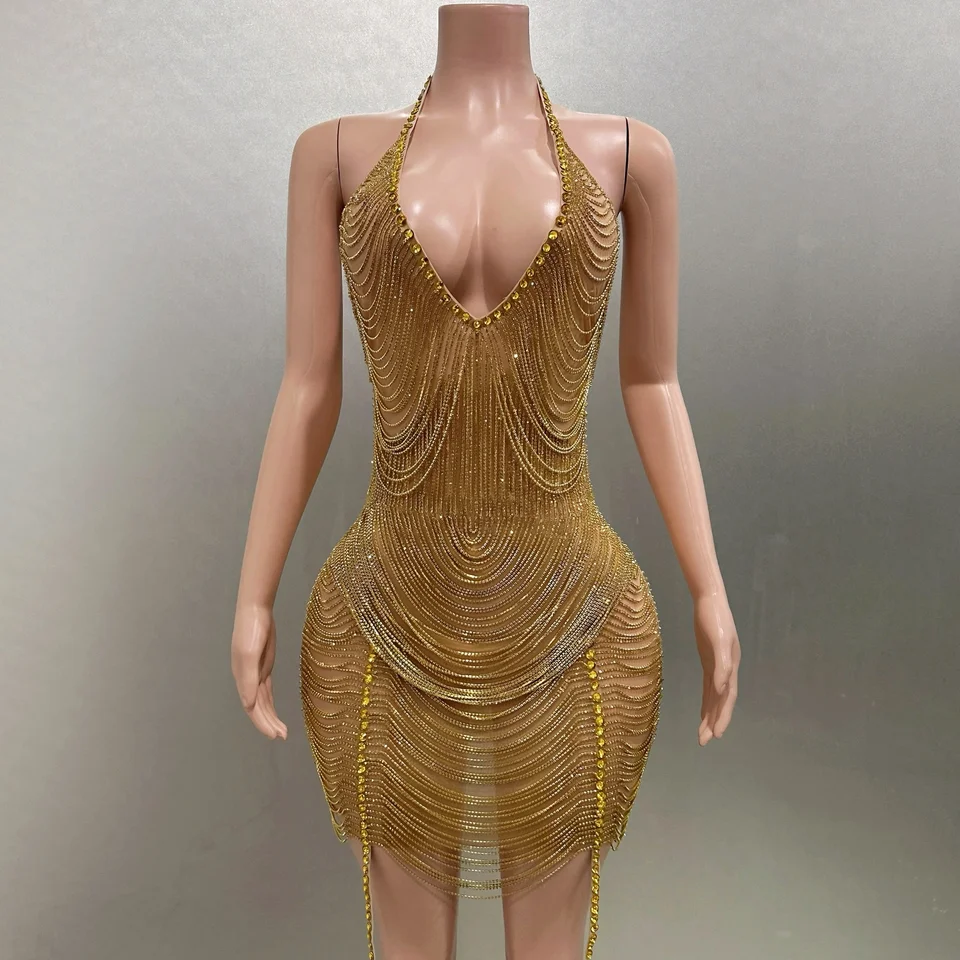 Zlatý kamienok Sexy halebný halter backless plášťa mini šaty narodeniny večerný večierok Performance Singer Singer Singer Wear