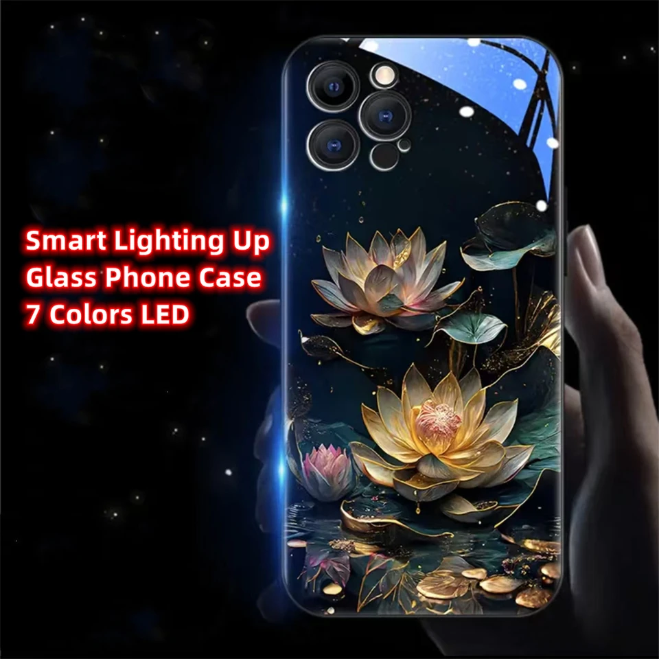 Zlatý Lotus Flower Control LED LED Flash Case Luminous Glass Cover pre iPhone 15 14 13 12 11 Pro Max x xr xs plus 7 8 SE2020