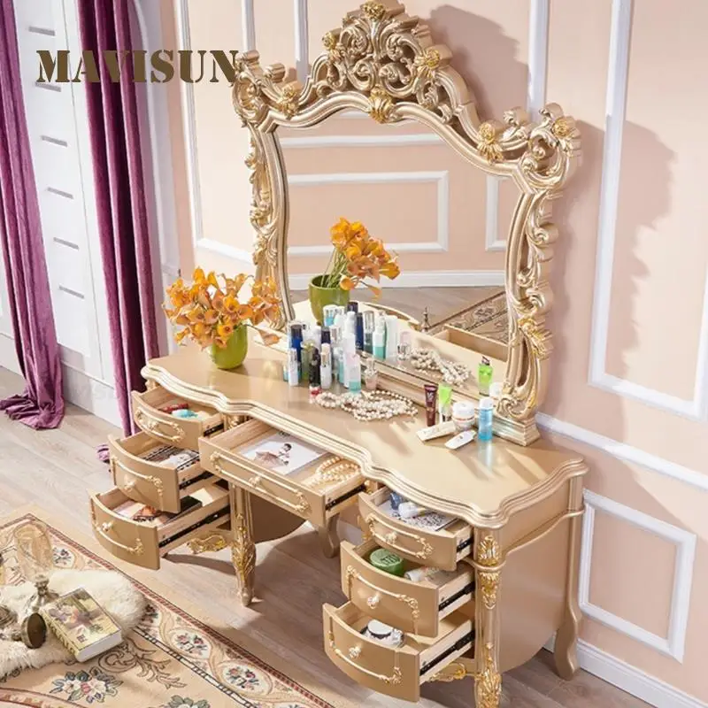 Zlatý make -up stolík Žena Veľké zrkadlo Luxusné vynikajúce rezbárske komody Spálňa Európsky štýl Vanity nábytok