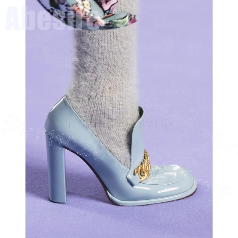 Zlatý reťazec Sky Blue Round Toe Runway Pumps Slip On Women Shoes Chunky High podpätky Banket banketu datovania 2024 Zapatos para muchyre