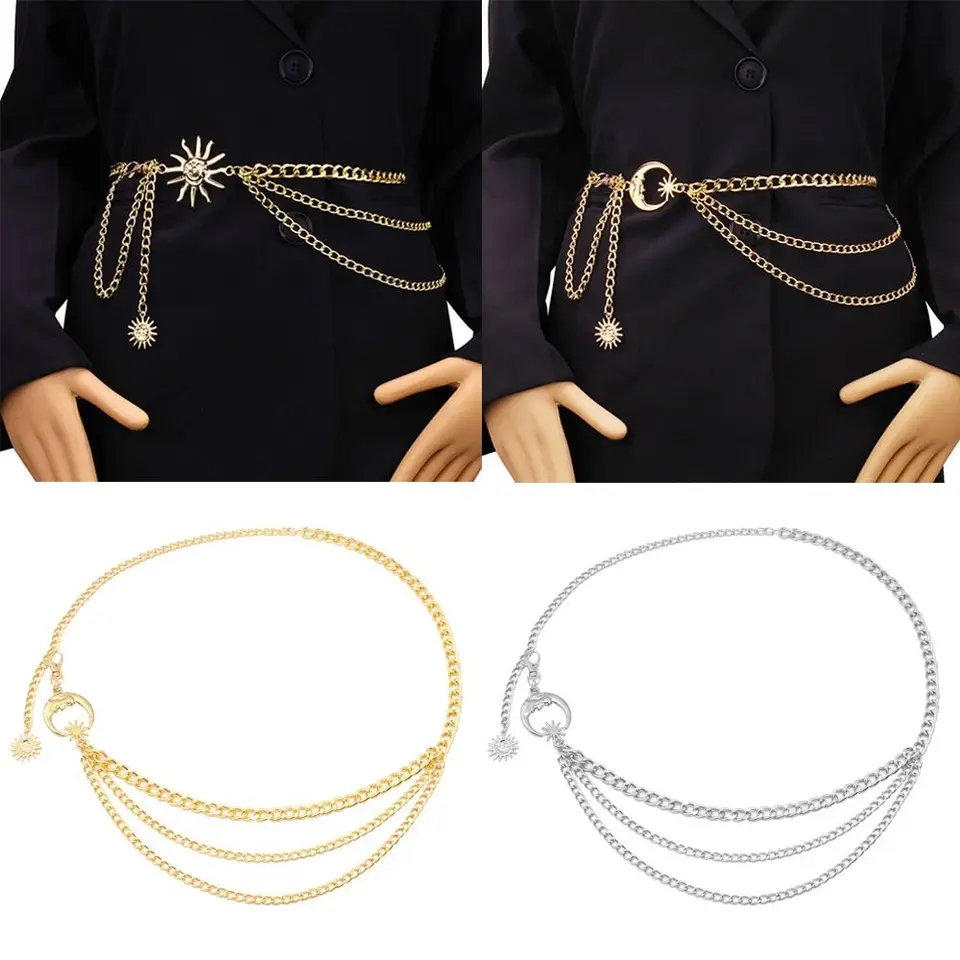 Zlatý strieborný punkový pás retiazka Lady Vintage Metal Sun Moon Star Waistbands Hip Hop Womans Reťazový pás