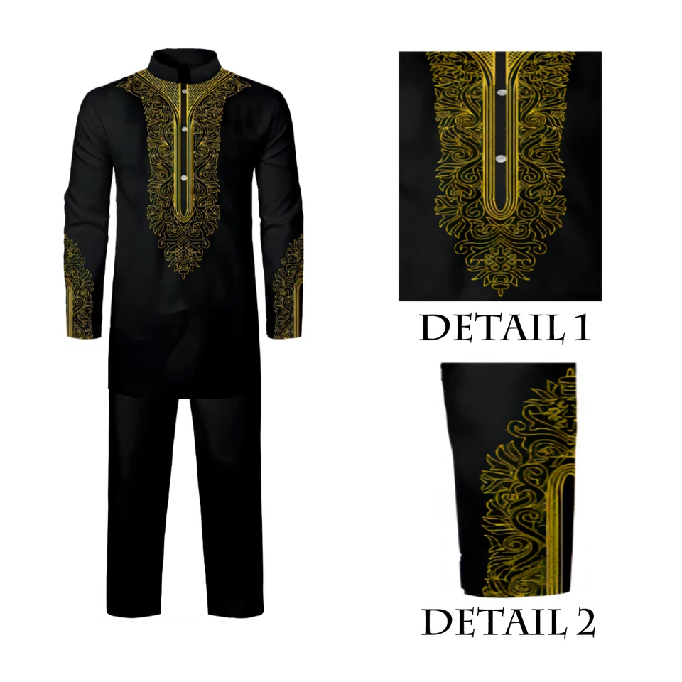 Zlatý vzor Pánsky moslimský abaya 2 kusový oblek Vyšívaný s dlhým rukávom Top dlhé nohavice etnické príležitostné oblečenie