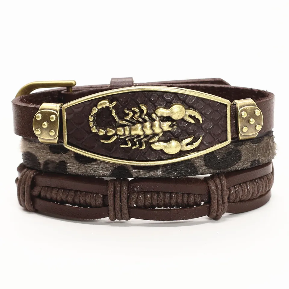 Zliatina Scorpion Charm Braided Leopard Original Men Kožené náramky pre ženy zabaľujú náramky