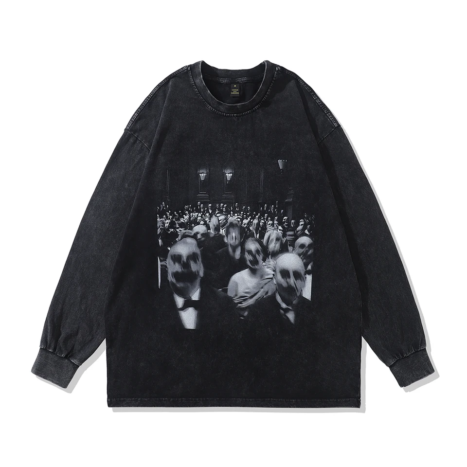 Zlo tlačené grafické tričká nadmerne veľtrhové vinobranie s dlhým rukávom Goth Men y2k grunge tričká Streetwear Loose Harajuku Anime Tops Tee TEE