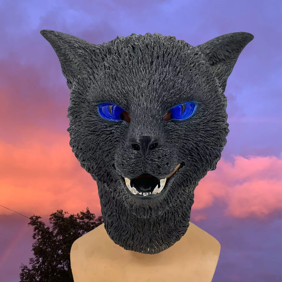 Zlá čierna leopardová hlava hlavy Funny Animal Full Head latex prilba s Bule Eyes Halloween Horror čierna mačka maska ​​realistická strašidelná strašidelná