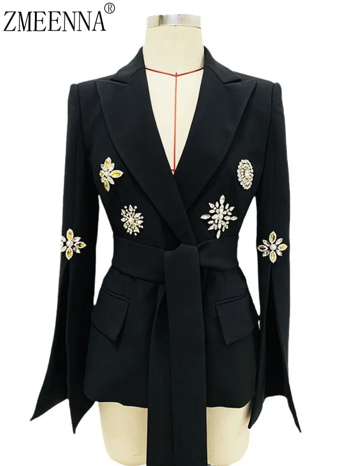 Zmeenna Vyšívané svetlice Diamonds Bandage Patchwork Solid High pás A-line Slim Dámske Blazers 2024 Autumn Winter New ZM311