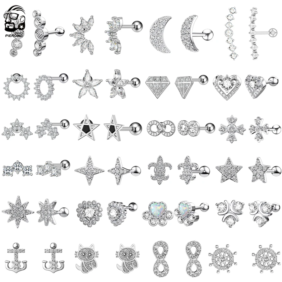 Zmiešaný krištáľový kvet Tragus piercing náušnice plochý 16g krížová hviezda srdiečko chrupavka Piercing Ear Stud Helix Jewelry Labret Studs