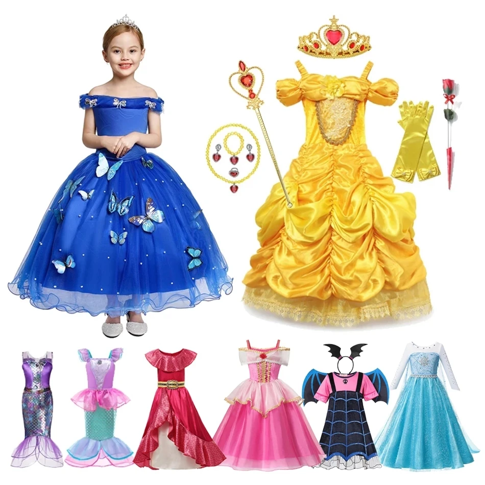Zmrazená Elsa Anna Snow Queen Princess Cosplay kostým Popoluška Belle Halloween Tulle Dievčatá dievčatá Chrismtas Party Clothing