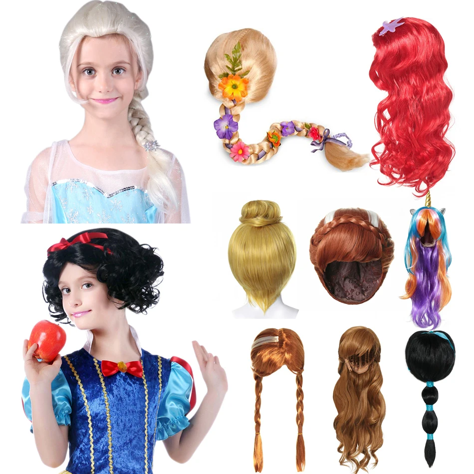 Zmrazené parochne princezná Braid Elsa Cosplay doplnky jednorožec Snehulienka Melida Moana Tinker Bell Wigs Rapunzel