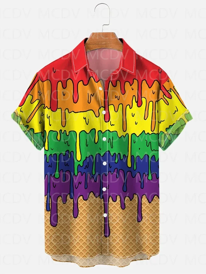 Zmrzlina Deň pýcha Rainbow Ice Cream topí aloha kravata farbivo Hippie pokoj a láska grafická pánska dovolenka pláž havajské košele