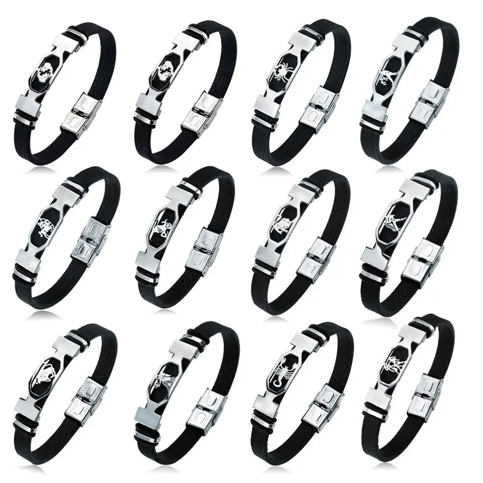 Znak Men šperky Aries Constellation Jewelry Black Roather Náramok Náramok z nehrdzavejúcej ocele 12 súhvezdí náramok