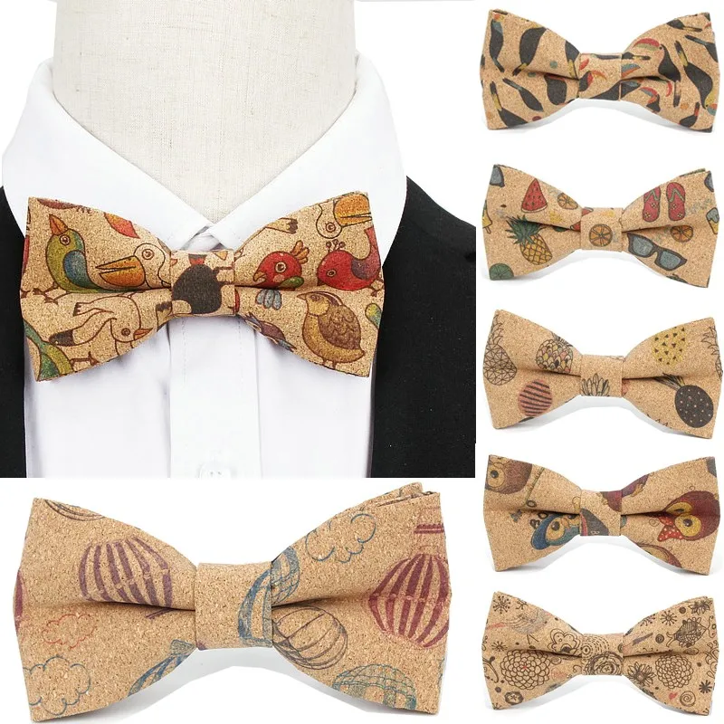 Značka elegantná muži vintage kvetinové vtáky tlače korok bowtie pre muža svadobné príležitostné zviera retro drevené motýliky motýľové doplnky