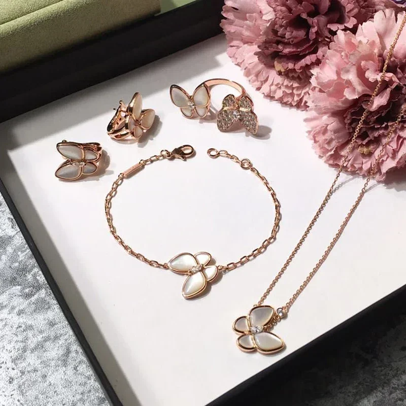 Značka Pure 925 Sterling strieborné šperky pre ženy Matka perlového motýľa Svadobné šperky Set náušnice Náramok Náramok Rrings