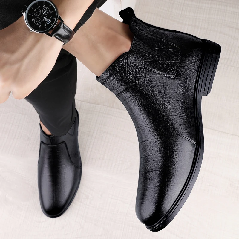 Značka čierna/hnedá mužov členky Boots Business Comfort Comfort stredná kožená kožená topánky Top vrstva Cowhide Pattern Fashion Módne príležitostné topánky vysoké topánky