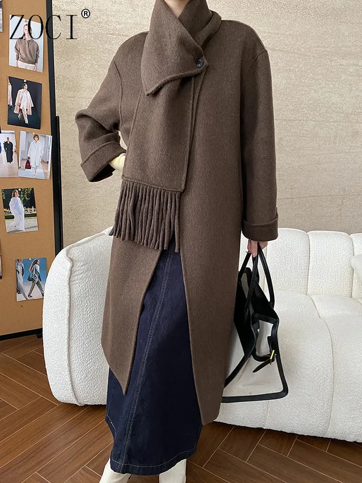 ZOCI Odnímateľný Tassel Scraf Double-Face Wool Coats pre ženy pevné farby dlhé kabáty Ženské staré peniaze estetické kabáty 2024
