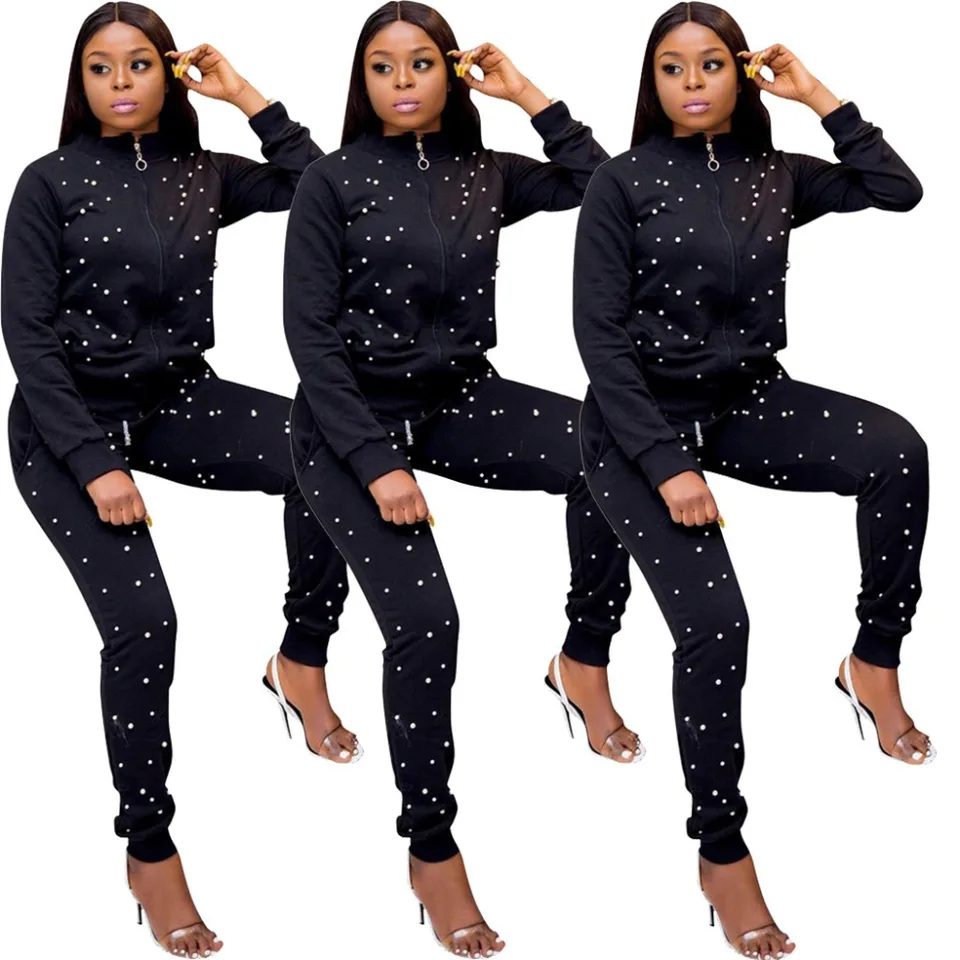 Zodpovedajúce sady čierne stopy 2 kus pre ženy Top Pants 2019 Autumn a Winter Fashion New Pearl Sweatsuit Club Outfits