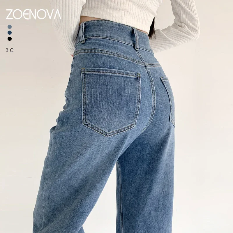 Zoenova elastické džínsy Ženy predĺžili kórejské módne džínsové nohavice Vintage High Pase Autumn Baggy Street Casy Jean 3 Farba