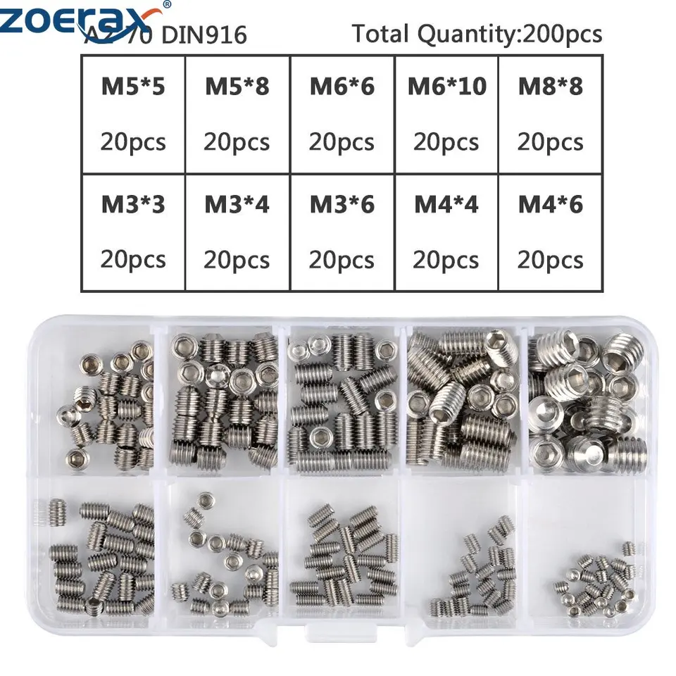 Zoerax 200ks 304 z nehrdzavejúcej ocele Set skrutka M3 M4 M6 m8 Allen HEX HEX HEX GRUB SCRECT SET CUSS SOCETMENT Kit