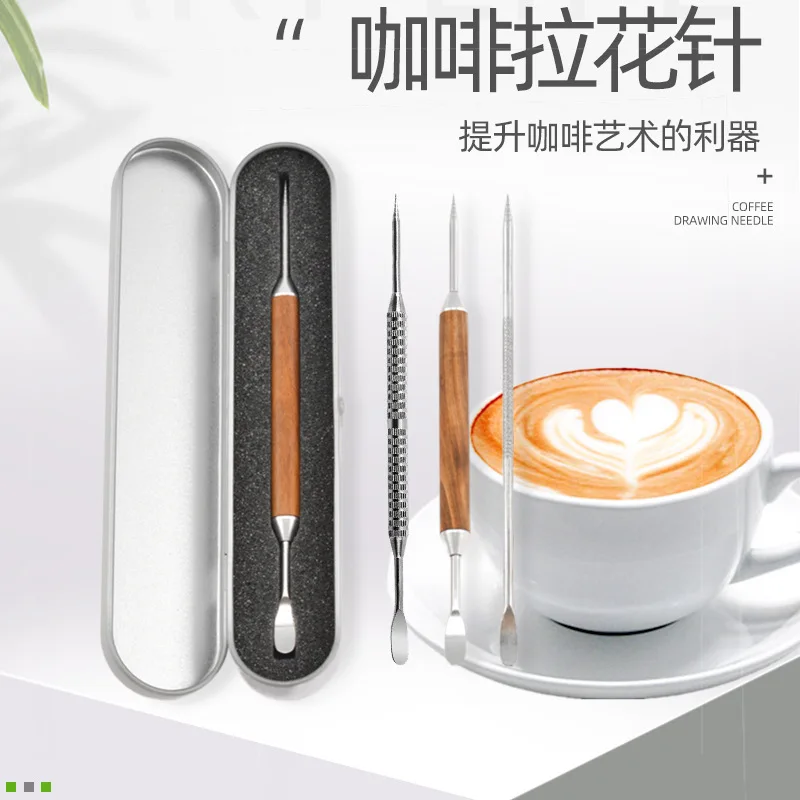 Zohľadnená káva zdobenie Art Pen Drevená rukoväť latte Pull Flower Needlo Barista Nástroj Káva Príslušenstvo Modelovanie nástroja