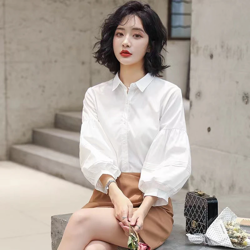 Zoki Sweet Puff Ruckve Dámske košele leto Kórejská neformálna milosť otočte golier blúzka móda voľná kancelária Lady White Tops