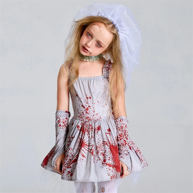 Zombie nevesta kostým pre dievčatá gotické krvavé šaty bez rukávov set halloween cosplay outfity