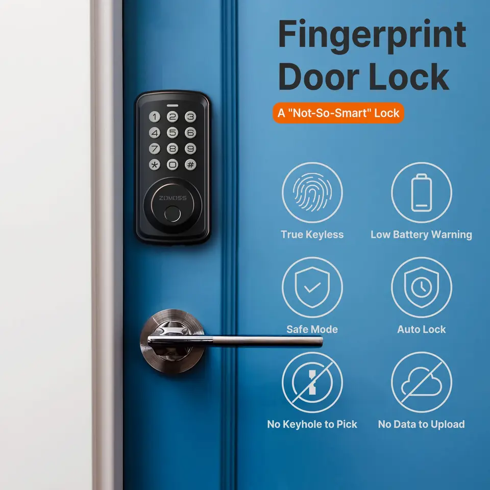 Zomoss Fingerprint bezkľúčový zámok vstupných dverí Deadbolt, dva záložné klávesy, 20 dotykových uzamknutí a 20 používateľských kódov, bez rukoväte