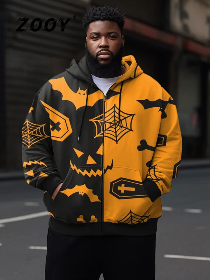 Zooy (L-9xl) plus veľkosti pánskeho Halloween Pumpkin Crow Castle s dlhým rukávom zips.