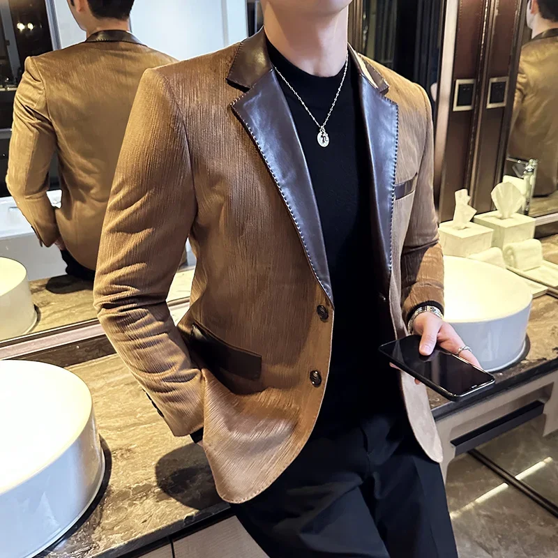 Zopečený kožený golier flanel textúrový oblek kabát Jeseň Zimná muži štíhle fit business husté pruhované svadobné obleky pánske oblečenie