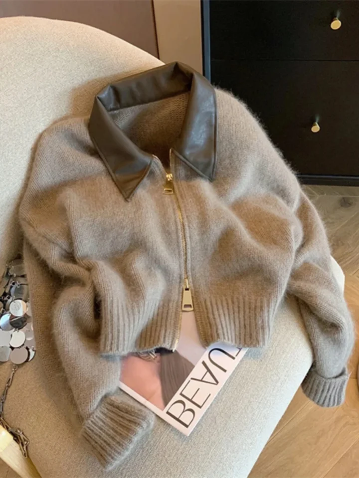 Zopečený kožený golier pletený sveter móda dvojitý zips sveter dámska jeseň/zima nová mäkká vinobranie s dlhým rukávom streetwear