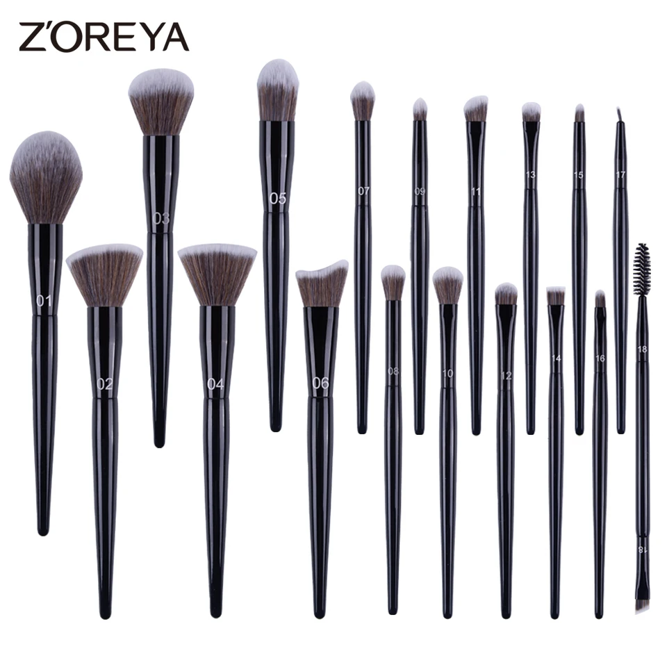 Zoreya 18 ks čierny make -up kefy súpravy Nadácia očných tieňov Zmiešanie make -up kefy shader shader obočie brochas maquillaj