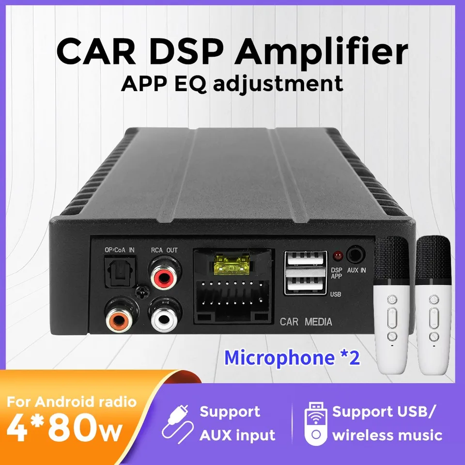 Zosilňovač DSP 4*80W pre navigáciu s rádiom Android, nastavenie App EQ, dvojfiball bezdrôtový mikrofón, digitálny zvukový procesor