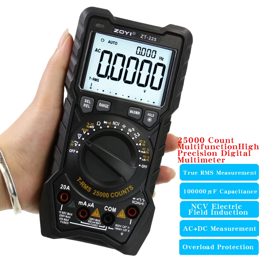 Zoyi 25000 Počty ZT-225 Vysoký presný automatický rozsah inteligentných multimetrových elektrikárskych anti-burn Univerzálny