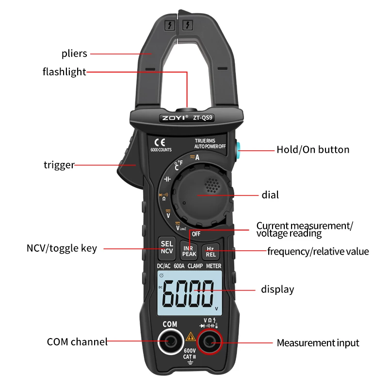 Zoyi Digital Clamp Meter 600a Aktuálny pravý RMS Smart Plier Ammeter Auto Rang 6000 Multimeter DC AC napätie Hz OHM NCV tester