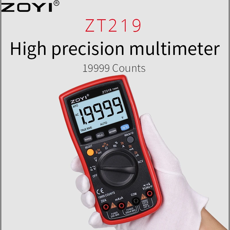 Zoyi Digital Multimeter ZT-219 obsahuje štvorciferné polo pravdivé RMS High-Prection Full Gear Anti-Burn Multimeter 19999Counts