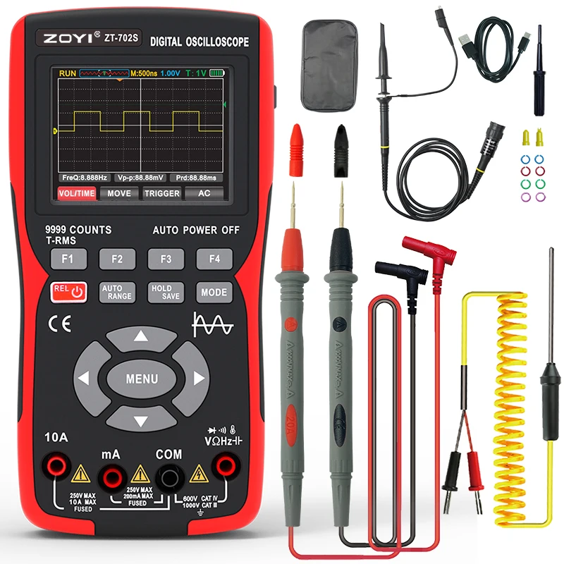 Zoyi ZT-702S 2 v 1 ručnom digitálnom automobilovom oscilomope Multimeter, single kanála 10MHz šírka pásma, 64 kbyte dĺžka rekordu, 48
