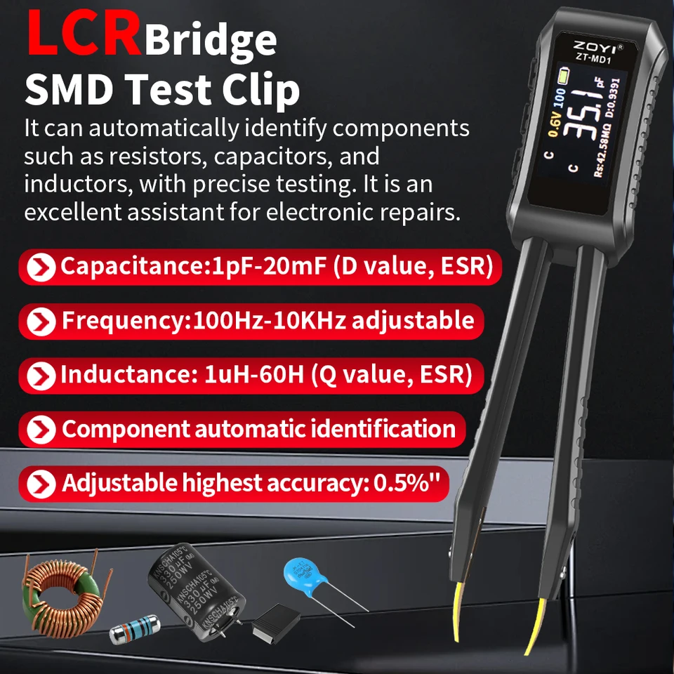 Zoyi ZT-MD1 Digital Smart Tweezer LCR SMD ESR Tester Rezistencia Kapacitancia Indukčná kontinuita kontinuita Diode TEST Nástroje merania