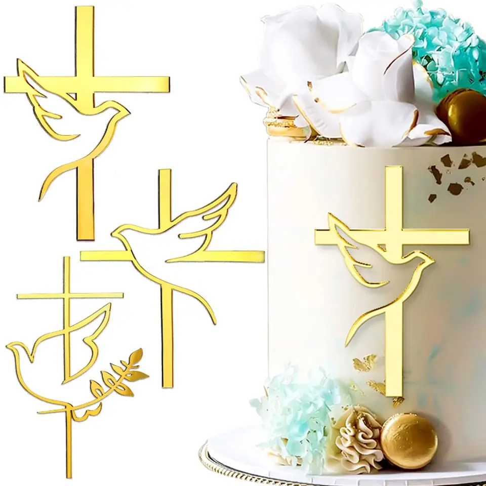 Zrkadlo akrylové torty topper zlato mierka holubica krížový koláč Toppery Krst First Communion Cake Dekorácie DIY Party Dodávky