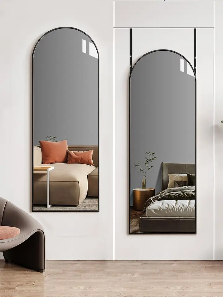 Zrkadlo dverí, zrkadlo v plnej dĺžke nad dverami, 14 '' x 48 '' visiace zrkadlo, veľké klenuté zrkadlo, zavesenie/naklonenie, domáca dekorácia, čierna