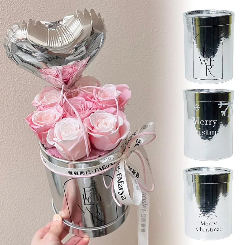 Zrkadlová tvár vianočná kytica objíma vedro Round Flower Box Silver Rose Hug Bucket Darčekové obaly Svadobné večere zdobiť