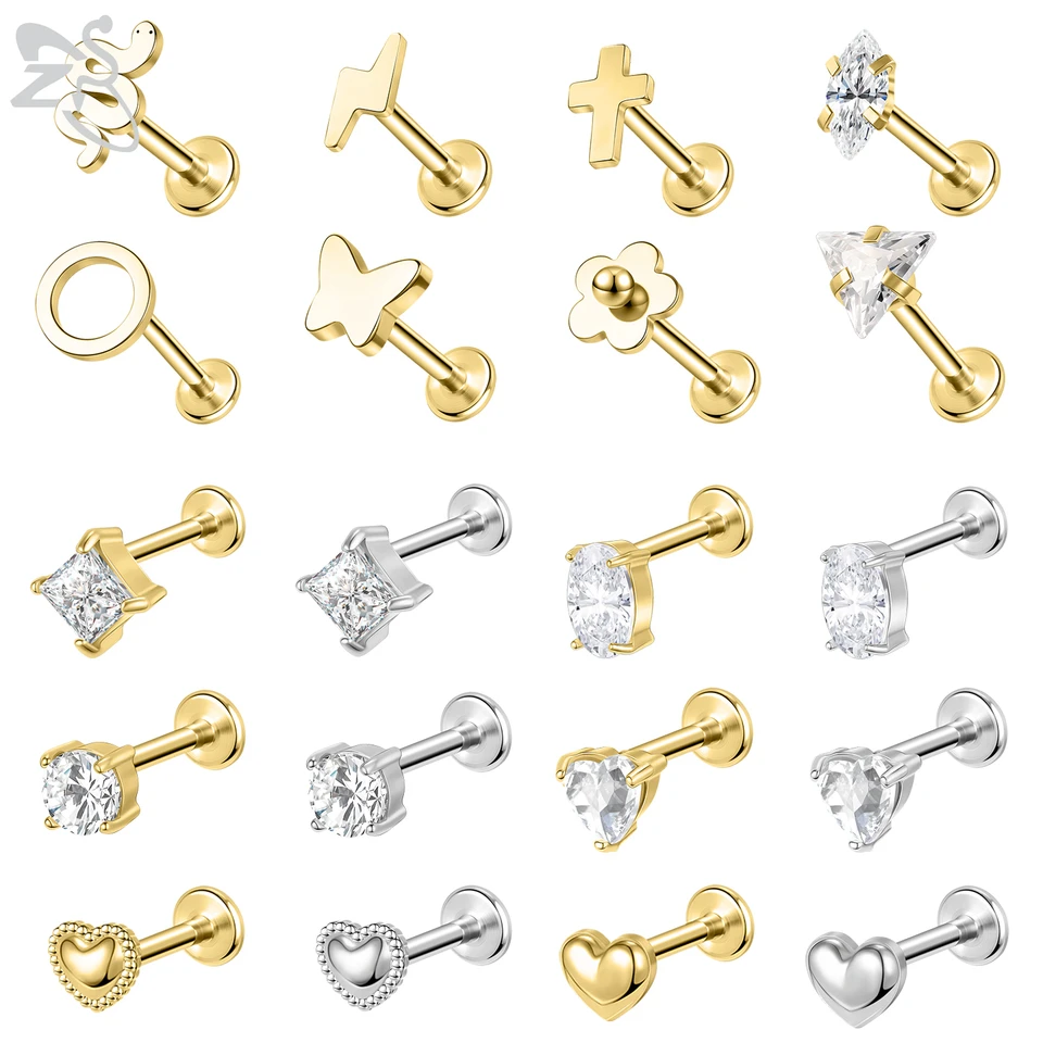ZS 1 PC Zlatá farba 16G z nehrdzavejúcej ocele Labret Piercing Piercing Heart Cross Cuck náušnice CZ Crystal chrupavka Tragus špirála Piercing