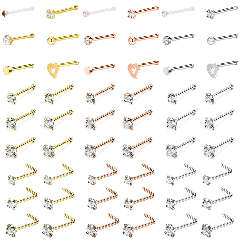 ZS 12 PCS Zirkónové nosné cvočky Dámske telesné piercing šperky krištáľové nosné cvočky Rose Gold -Glated Heart Nose Piercing Ring Studs Darček