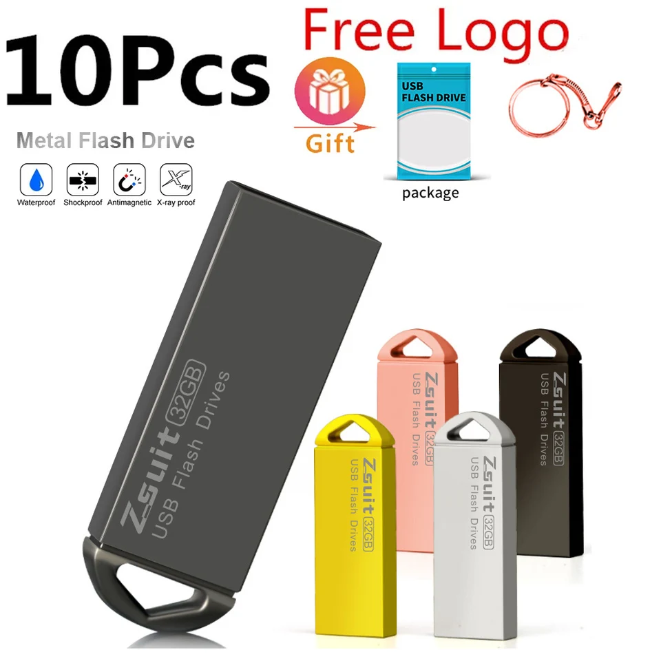 ZSUIT NOVINKA 10ks/LOT Free Logo 128 GB USB Flash Pen Drive 4 GB 8 GB 16 GB nepremokavého Pendrive 64 GB Memory Stick Metal U-Disk CLE USB