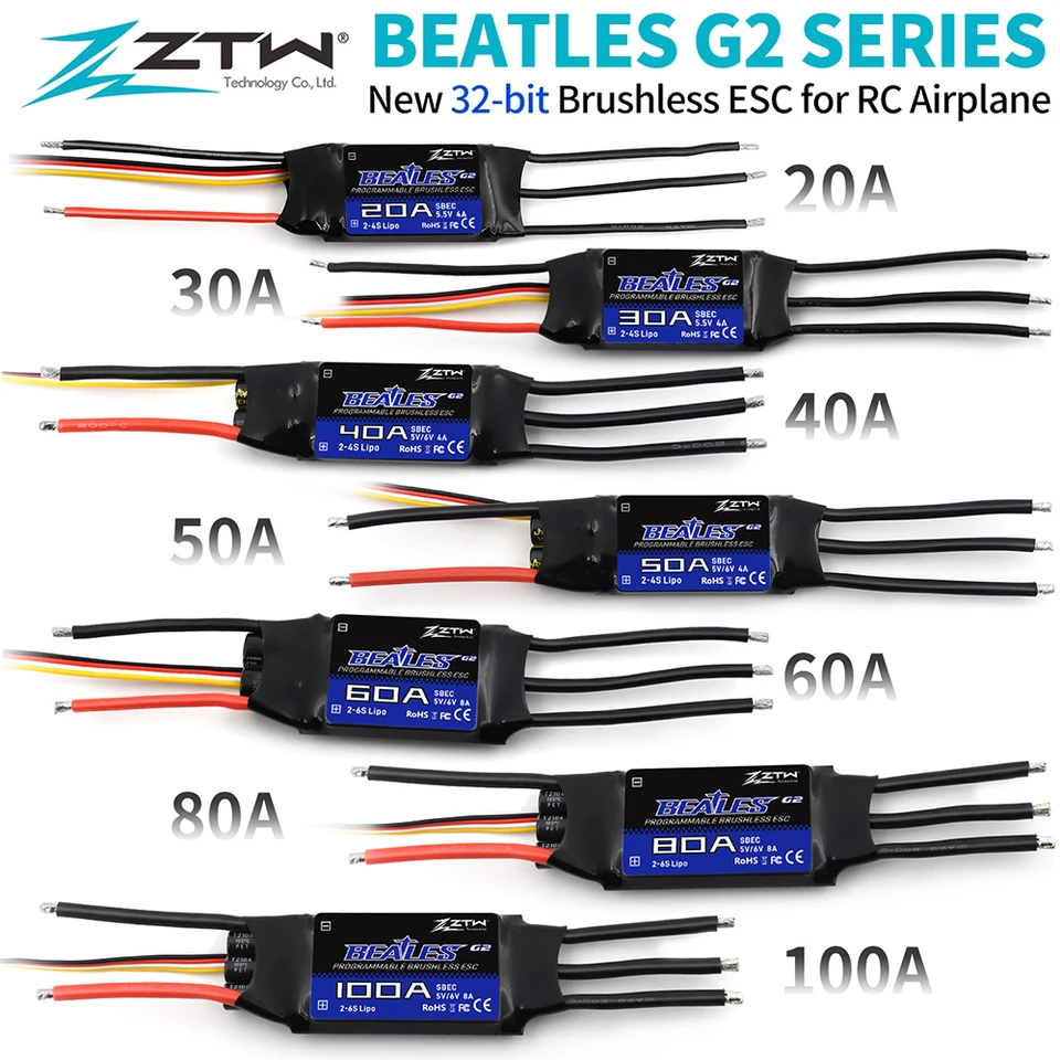 ZTW 32-bit bez kefy ESC Beatles G2 20A/30A/40A/50A/60A/80A/100A 2-6S SBEC 5V/6V 8A ELEKTRONICKÝ Rýchlosť