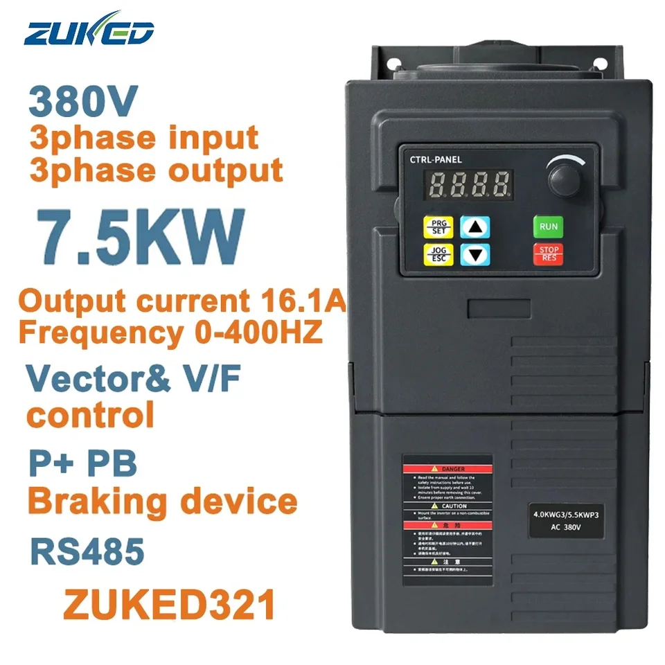 Zuked VFD 7,5 kW 380V Variabilná frekvenčná frekvenčná frekvenčná invertor Trojfázový motor motora SPOLOČNOSŤ Soft Start RS485