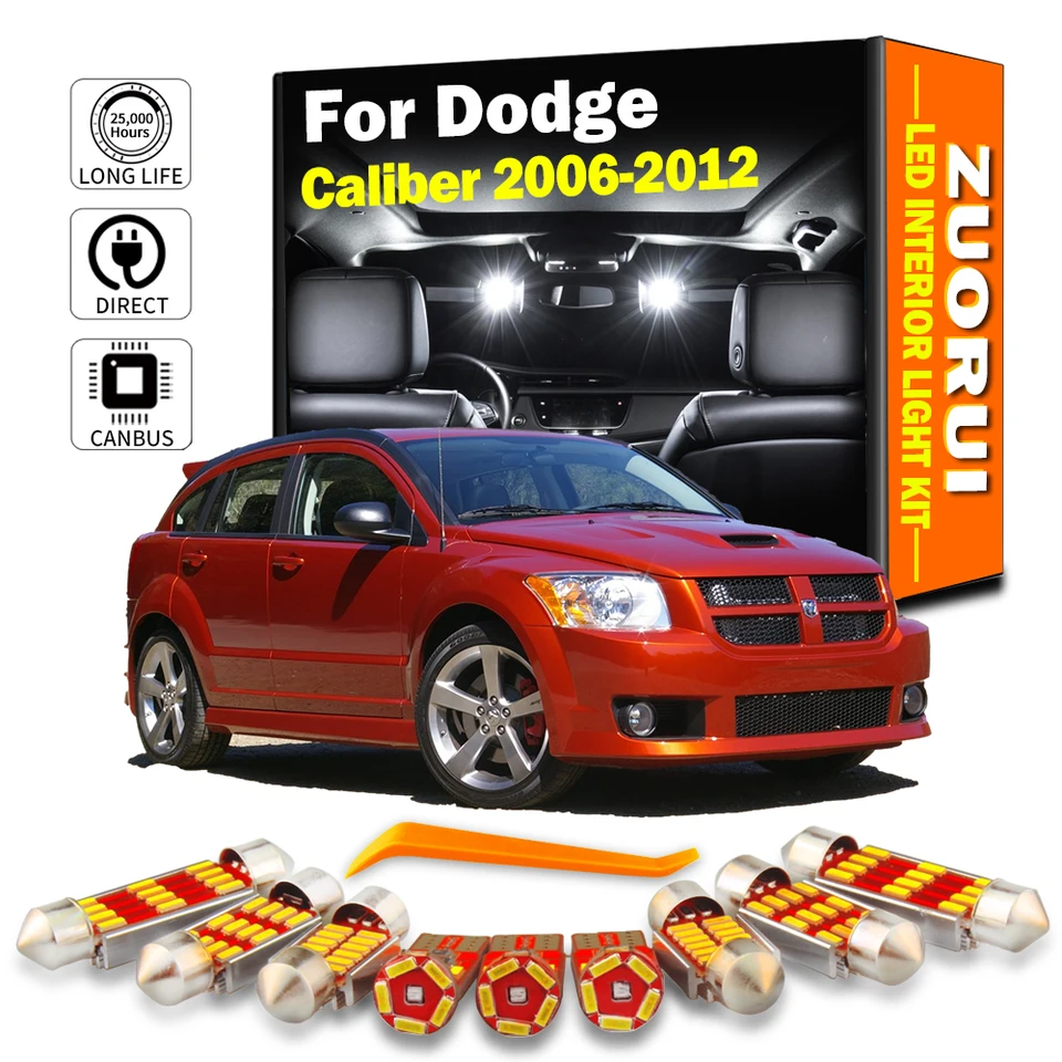 Zuorui 10ks Canbus Car LED interiérová mapa Dome Trunk Light Kit pre Dodge Caliber 2006 2007 2008 2009 2010 2012 LED žiarovky LED Žiari