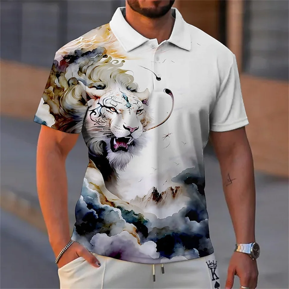 Zvierací muži pólo 3D Tiger & Lion Vytlačené divoké šelmy Pánske oblečenie Summer príležitostné krátke rukávy voľné nadmerné košele Senior Top Top