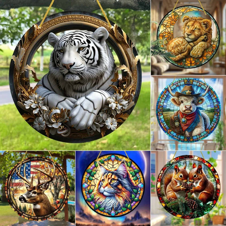 Zvieratá Lion Tiger Suncatcher, Art Prispôsobenie priesvitného okna, darček milenec zvierat, akrylová okrúhla značka, domáca izba záhradná stena dekorácie