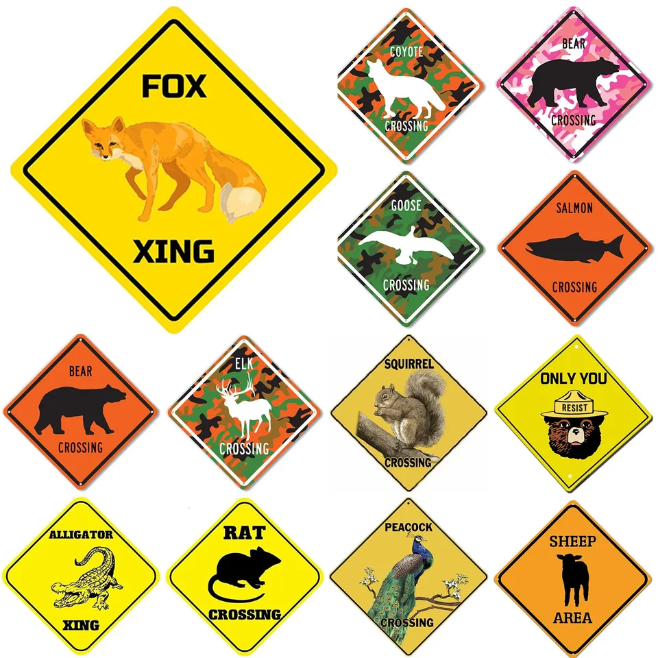 Zvieratá líška pivo Xing Crossing Metal Tin Road Signs Hliník reflexná čierna na žltého kovového znaku odolného voči poveternostným vplyvom pre vonkajšie použitie